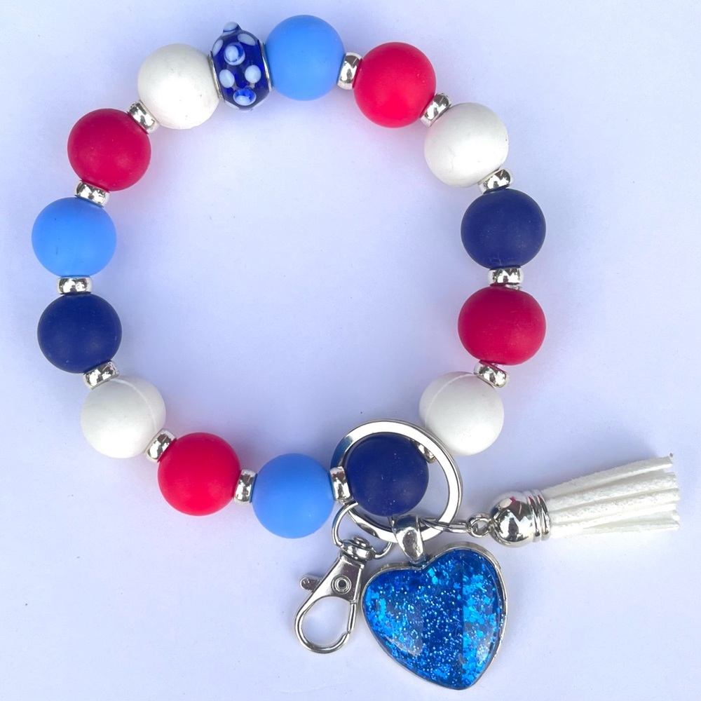 Patriotic Silicone Beaded Key Chain Wristlet with Sparkling Heart Charm